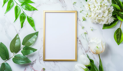 Wall Mural - Gold Frame with Green Leaves and White Flowers on Marble Background - Perfect for Elegant Art Displays and Invitations