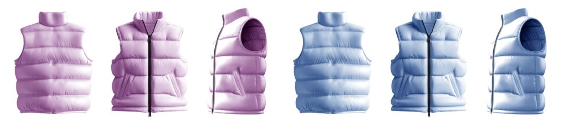  2 Set of pastel light blue purple Down puffer padded quilted warmth parka vest, front back side view on transparent cutout PNG file. Mockup template for artwork design