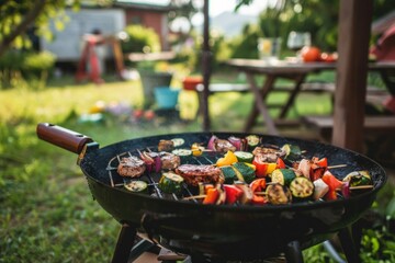 Wall Mural - A grill is filled with vegetables and meat, and a person is standing over it