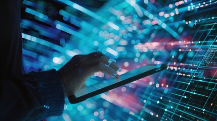 Aufkleber - Internet network technology digital software development future tech background IoT concept Man using digital tablet and laptop with global network connection computer code : Generative AI