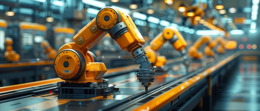 Automated factory with robotic arms working on assembly line in modern manufacturing facility, showcasing advanced industrial technology.