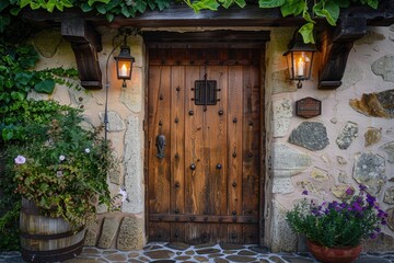 Sticker - Entrance door made of old wooden logs, very detailed. Generative AI