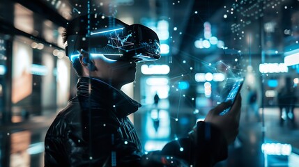 Aufkleber - Metaverse and Blockchain Technology Concepts Person with an Experiences of Metaverse Virtual World via Smart Phone Futuristic Tone Conceptual Photo : Generative AI