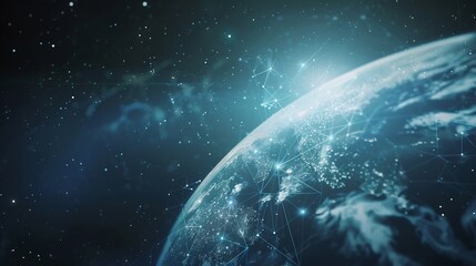Fototapete - Panoramic abstract dot and triangle connection background The world is connect and smaller concept Digital futuristic Earth minimalism background : Generative AI