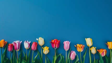 Wall Mural - Colorful tulip flowers in front of blue background With copy space Top view flat lay : Generative AI
