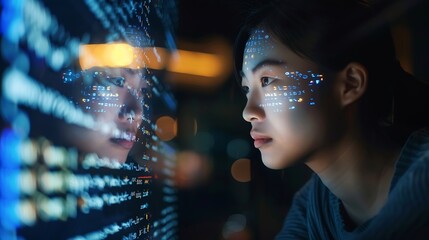 Aufkleber - Portrait of Asian Female Startup Digital Entrepreneur Working on Computer Line of Code Projected on Her Face and Reflecting Software Developer Working on Innovative eCommerce App using : Generative AI