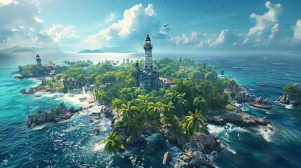 Wall Mural - A beautiful island with a lighthouse and palm trees