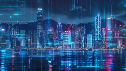 Leinwandbilder - Smart network and Connection technology concept Hong Kong digital city background at night in victoria harbour Cyberpunk color style Panorama view : Generative AI