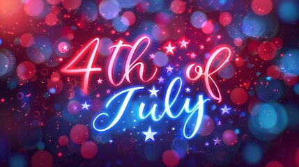 Wall Mural - 4th of July - lettering calligraphy text on defocused bokeh background in red and blue colors. Independence day in United States of America celebration. Holiday banner