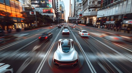 Wall Mural - A futuristic of driverless electric cars navigating city streets, demonstrating the convergence of autonomous driving technology and electric vehicle propulsion