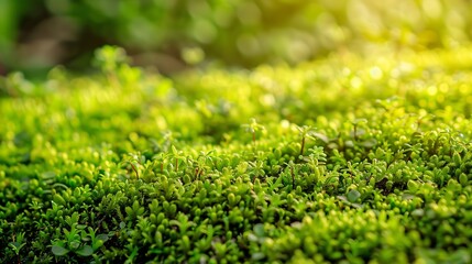 Aufkleber - Integrity of the forest national park Beautiful green moss on the floor moss closeup macro Beautiful background of moss with sunlight : Generative AI