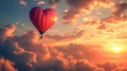 Wall Mural - Hot air balloon over landscape of heart-shaped clouds, symbolizing soaring love.