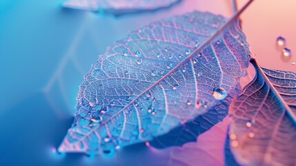 Aufkleber - Transparent skeleton leaf with beautiful texture on a blue and pink background glass with shiny water drops closeup macro  Bright expressive artistic image nature free space : Generative AI