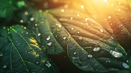 Wall Mural - Large beautiful drops of transparent rain water on a green leaf macro Drops of dew in the morning glow in the sun Beautiful leaf texture in nature Natural background : Generative AI