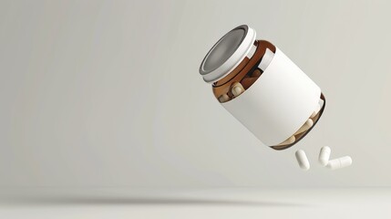Pills jar with blank label, floating in mid-air, minimalistic design, clean and modern look, high-resolution, isolated background
