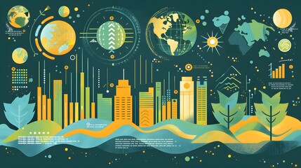 Poster -  an infographic illustrating the components of a sustainability report, showcasing metrics, goals, and initiatives aimed at enhancing environmental performance and promoting corporate transparency.
