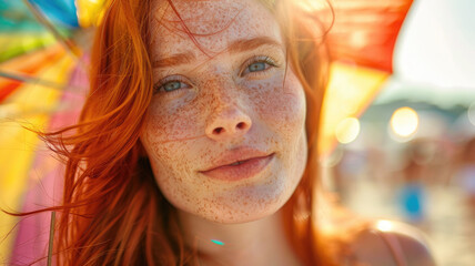 Wall Mural - Radiant woman with red hair and freckles enjoying a sunny day on a crowded beach with a colorful umbrella