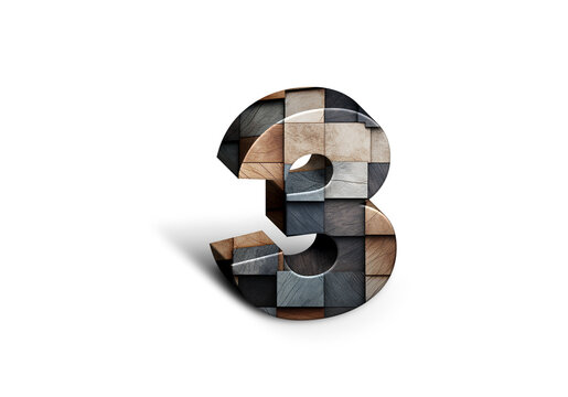 3d Wood Numbers, Alphabet Number Three made of wood material, high-resolution image of 3d font, ready to use for graphic design purposes	