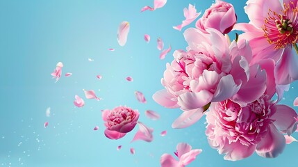 Poster - Pink peony flowers flying to beautiful bouquet on light blue background : Generative AI