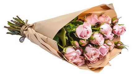 Wall Mural - Fresh lush bouquet of pink roses wrapped in paper for present isolated on white background Wedding bouquet : Generative AI