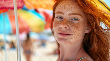 Wall Mural - Radiant woman with red hair and freckles enjoying a sunny day on a crowded beach with a colorful umbrella