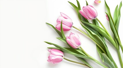 Canvas Print - Pink tulip flowers bouquet on white background Flat lay top view : Generative AI