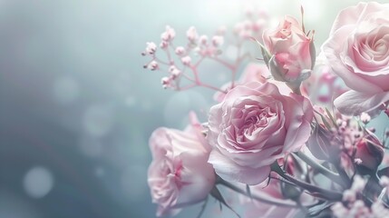 Poster - Delicate blossoming pink flowers blooming roses festive background flower bouquet pastel image soft petals floral romance card : Generative AI