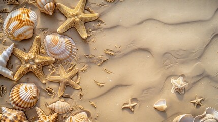 Poster - Top view of a sandy beach texture with imprints of exotic seashells and starfish as natural textured background : Generative AI