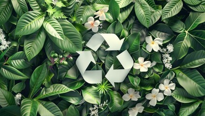 Wall Mural - leaves around the recycling symbol HD image of environmental thoughts abstract background