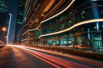 The light trails on the modern building background, AI generated