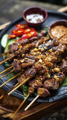 Wall Mural - Satay, grilled meat skewers with peanut sauce, vibrant Southeast Asian street market