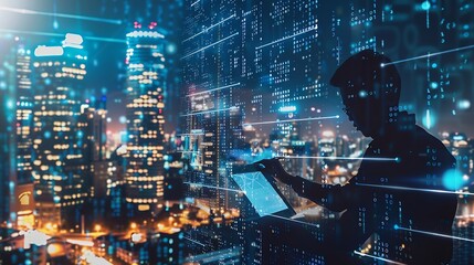 Poster - Business and technology software development IoT concept Double exposure man programmer software developer working on digital tablet and smart city with binary html computer code on sc : Generative AI