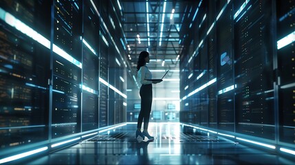 Poster - 3D Graphics Concept Big Data Center Female Chief Technology Officer Using Laptop Standing In Warehouse Activates Servers Information Digitalization Starts SAAS Cloud Computing Web Serv : Generative AI