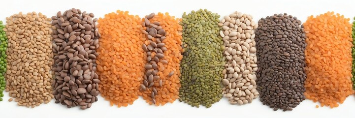 lentils on border side on plain white background copyspace banner from generative ai