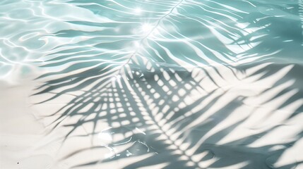 Poster - palm leaf shadow on abstract white sand beach background sun lights on water surface beautiful abstract background concept banner for summer vacation at the beach : Generative AI