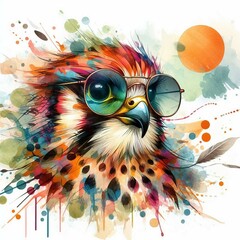  Cartoon Kestrel Bird: Abstract Watercolor Painting with Colorful Details and Sunglasses, Perfect for T-shirt Prints or High-Quality Wall Art.
