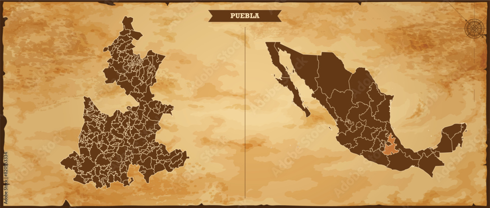 Puebla state map, Mexico map with federal states in A vintage map based ...