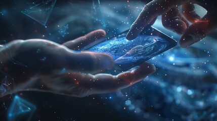 Aufkleber - Metaverse and Blockchain Technology Concepts Person with an Experiences of Metaverse Virtual World via Smart Phone Futuristic Tone Hand Levitating Mobile Phone : Generative AI