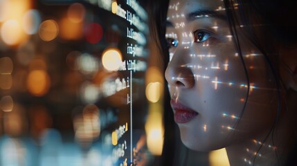 Aufkleber - Portrait of Asian Female Startup Digital Entrepreneur Working on Computer Line of Code Projected on Her Face and Reflecting Software Developer Working on Innovative eCommerce App using : Generative AI