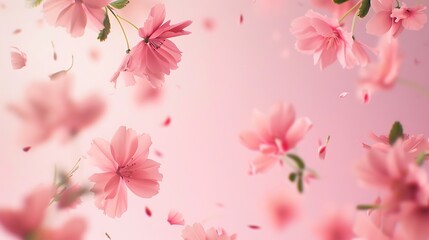 Canvas Print - A beautiful image of sping pink flowers flying in the air on the pastel pink background Levitation conception Hugh resolution image : Generative AI