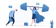 © naum - Strong business woman hero show his strength by lifting heavy weight, weak tired businessman. Loser and winner. Women power, equality, human rights. Business strengths
