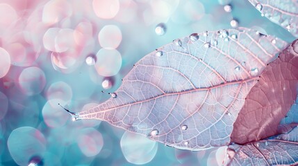 Wall Mural - Transparent skeleton leaf with beautiful texture on a blue and pink background glass with shiny water drops closeup macro  Bright expressive artistic image nature free space : Generative AI