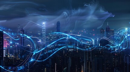 Poster - Smart city and big data connection technology concept with digital blue wavy wires with antennas on night megapolis city skyline background double exposure : Generative AI