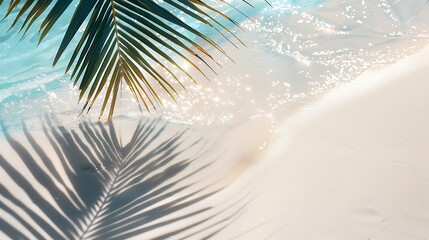 Poster - palm leaf shadow on abstract white sand beach background sun lights on water surface beautiful abstract background concept banner for summer vacation at the beach : Generative AI