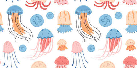 Seamless pattern of various Cartoon jellyfish flat style. Medusa vector illustration. Modern flat illustration Jellyfish isolated on white background.