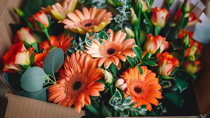 Wall Mural - gerbera tulips and mix of summer flowers bouquet for the wedding in the Florida Orange roses lily and gerbera flowers bouquet in the brown box getting ready for delivery : Generative AI