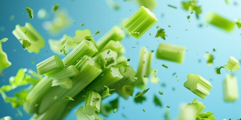 Wall Mural - A bunch of fresh, green, juicy, vibrant cut up celery flying against a blue background