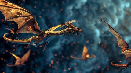 Poster - Abstract flying dragons on a dark blue background Technological background for design on the topic of artificial intelligence neural networks big data Copy space : Generative AI