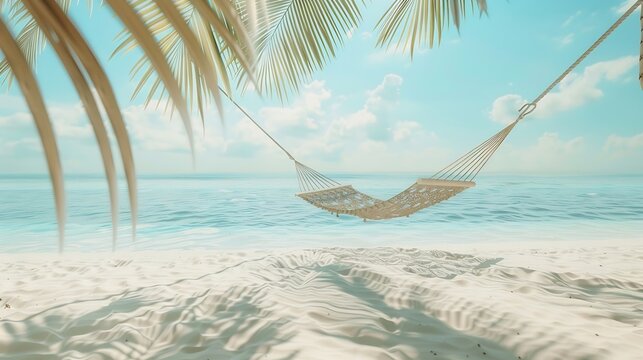 Tropical beach background as summer relax landscape with beach swing or hammock and white sand and calm sea for beach template Amazing beach scene vacation and summer holiday concept L : Generative AI
