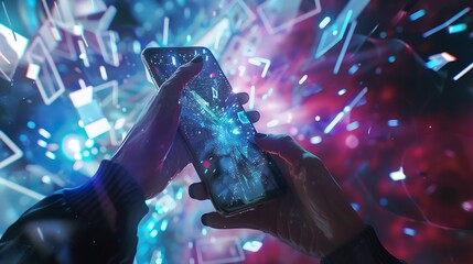 Aufkleber - Metaverse and Blockchain Technology Concepts Person with an Experiences of Metaverse Virtual World via Smart Phone Futuristic Tone Conceptual Photo : Generative AI